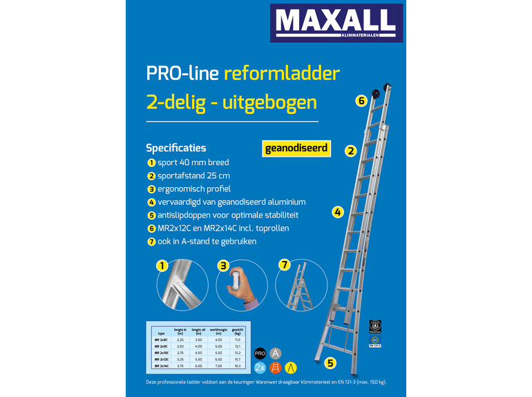Maxall 2-delige Reformladder met uitgebogen bomen (8 t/m 14  sporten) GEANODISEERD