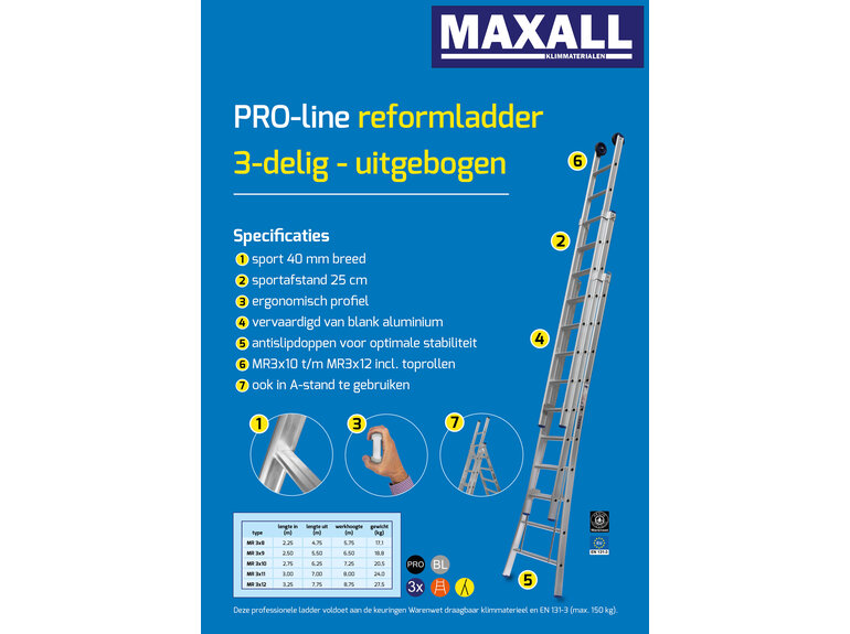 Maxall 3-delige Reformladder met uitgebogen bomen (6 t/m 12 sporten)