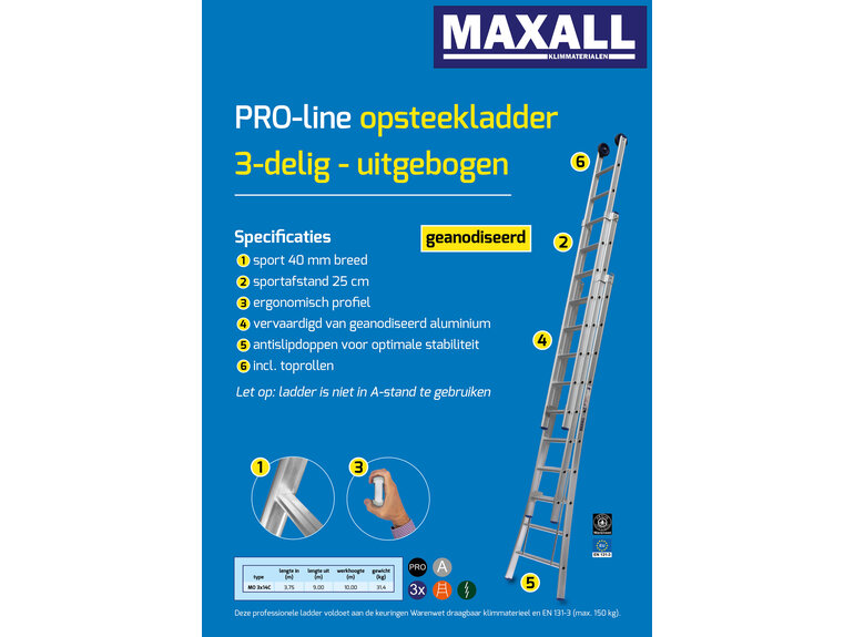 Maxall 3-delige Opsteekladder met uitgebogen bomen (14 sporten) GEANODISEERD