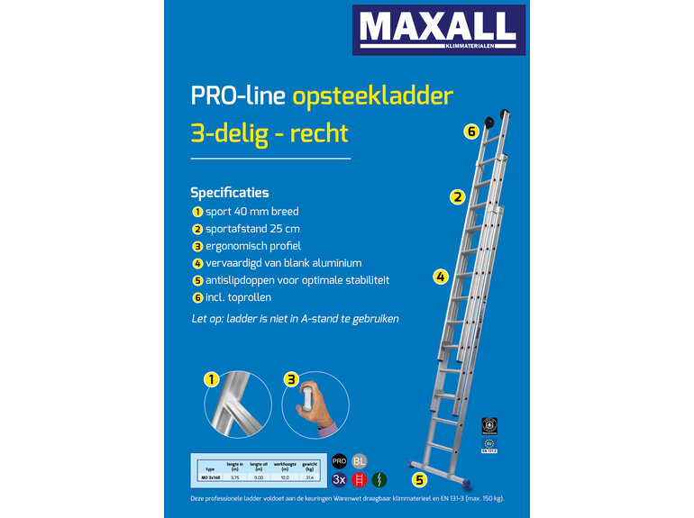 Maxall 3-delige Opsteekladder met rechte bomen (14 sporten)