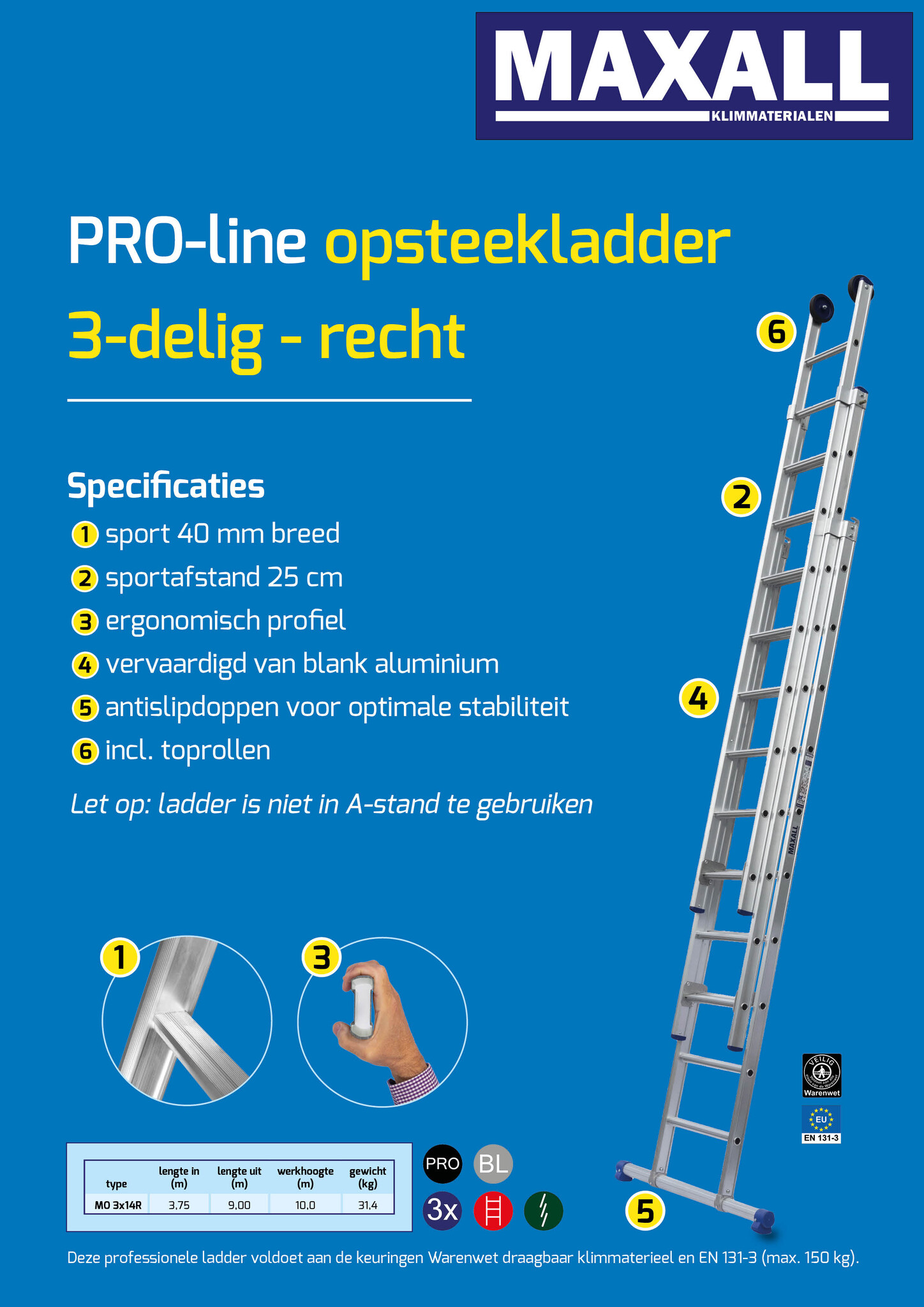 Maxall 3-delige Opsteekladder met rechte bomen (14 sporten), foto 6 van 6