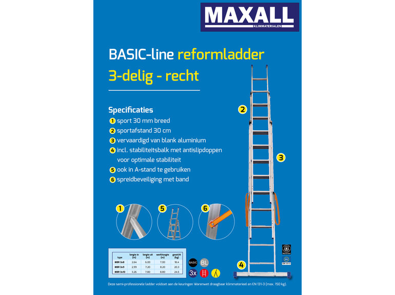 Maxall 3-delige Reformladder BASIC-line met rechte bomen (8 t/m 10 sporten)