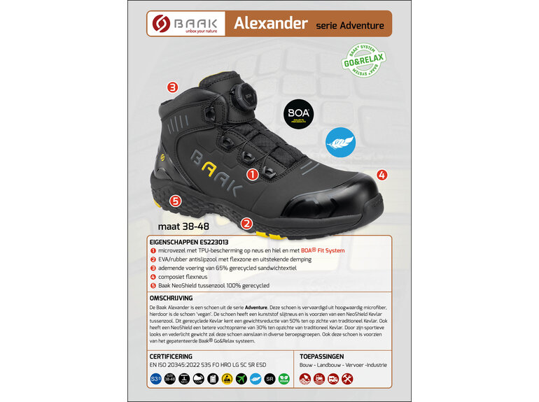 Baak Baak Alexander S3S zwart/geel met BOA sluiting (38 t/m 48)