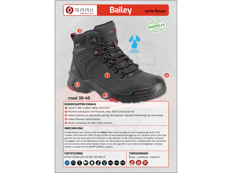 Baak Baak Bailey S3 zwart WATERRESISTENT (38 t/m 48)