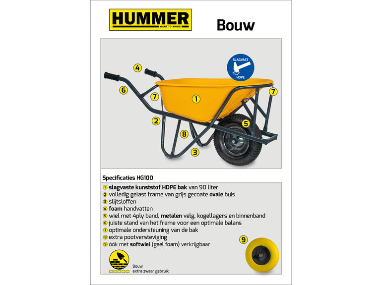 Hummer Stratenmakers kruiwagen HDPE 90 L geel met softwiel