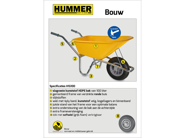 Hummer Bouwkruiwagen Basic HDPE 100 L geel met softwiel
