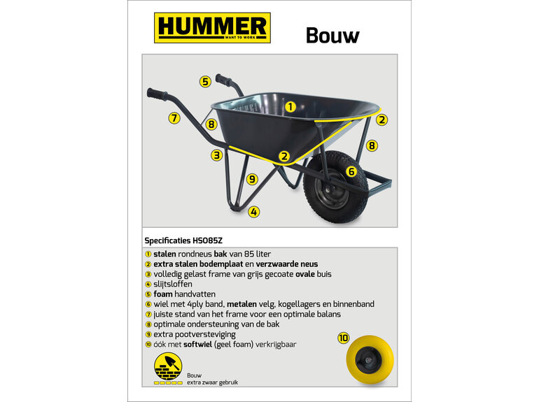 Hummer Bouwkruiwagen staal 85 L ovale buis verzwaard