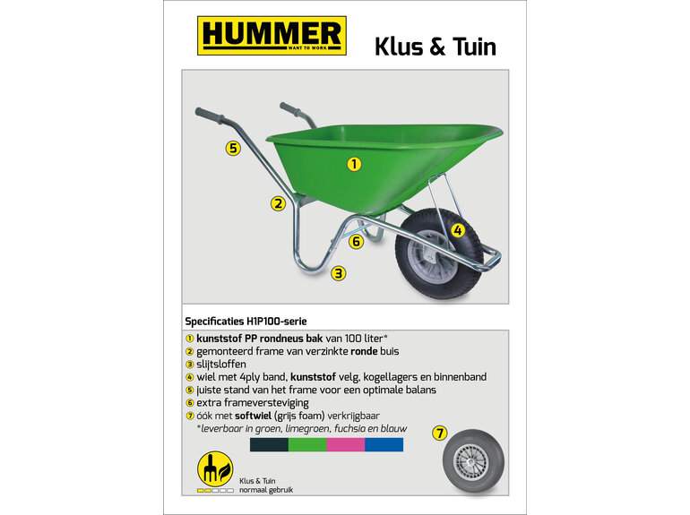 Hummer Klus/tuinkruiwagen verzinkt frame 100 L limegroen met softwiel