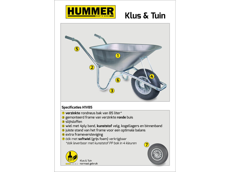 Hummer Klus/tuinkruiwagen verzinkt frame 85 L verzinkte bak met softwiel