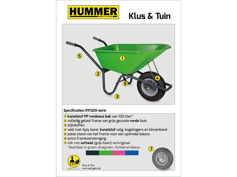 Hummer Klus/tuinkruiwagen gecoat frame 100 L limegroen met softwiel