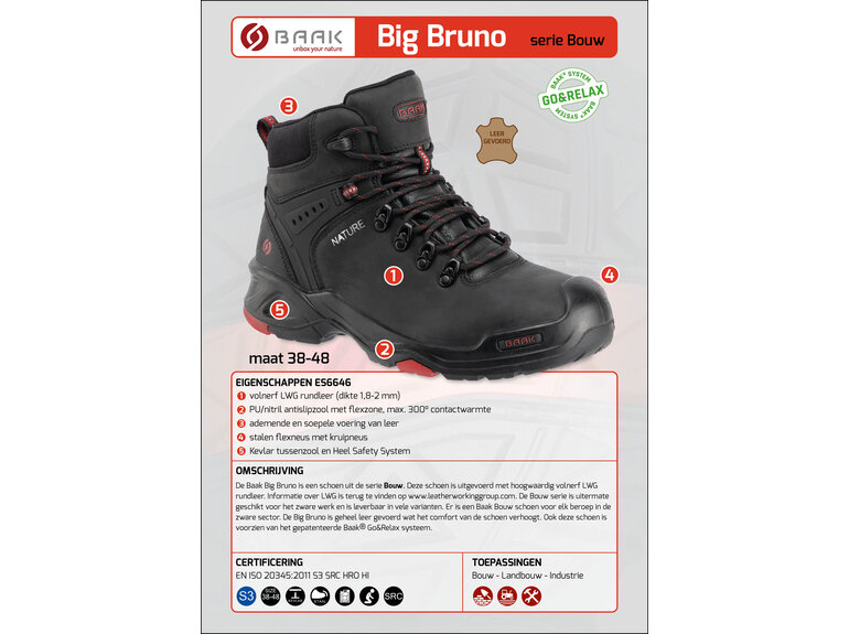 Baak Baak Big Bruno S3 zwart LEER gevoerd (38 t/m 48)