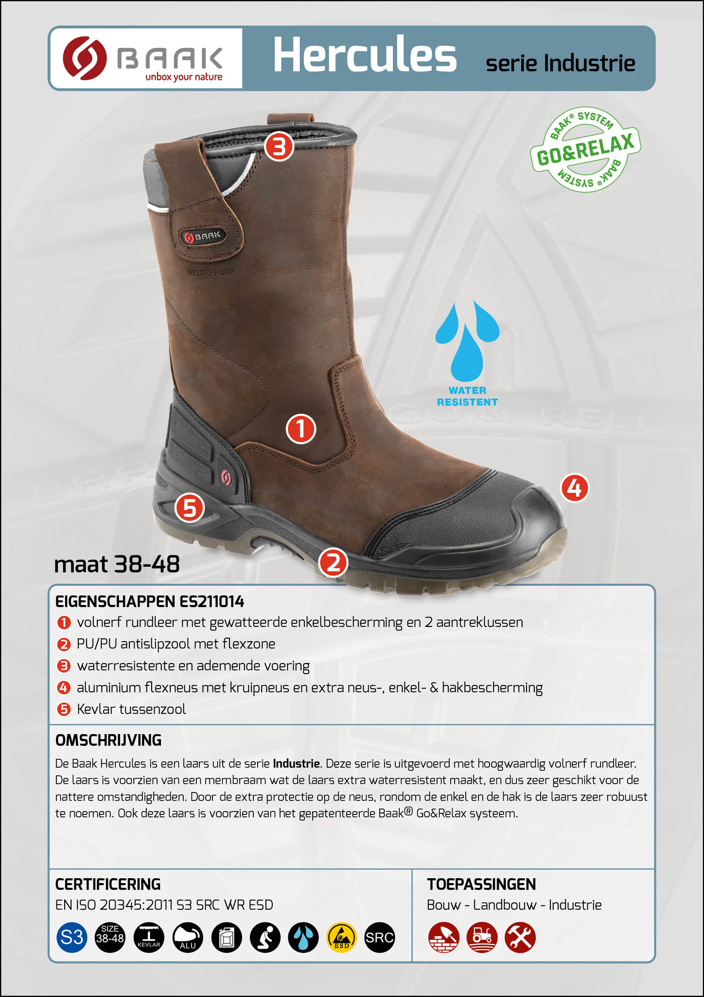 Baak Baak Hercules S3 bruin WATERRESISTENT (38 t/m 48), foto 4 van 6