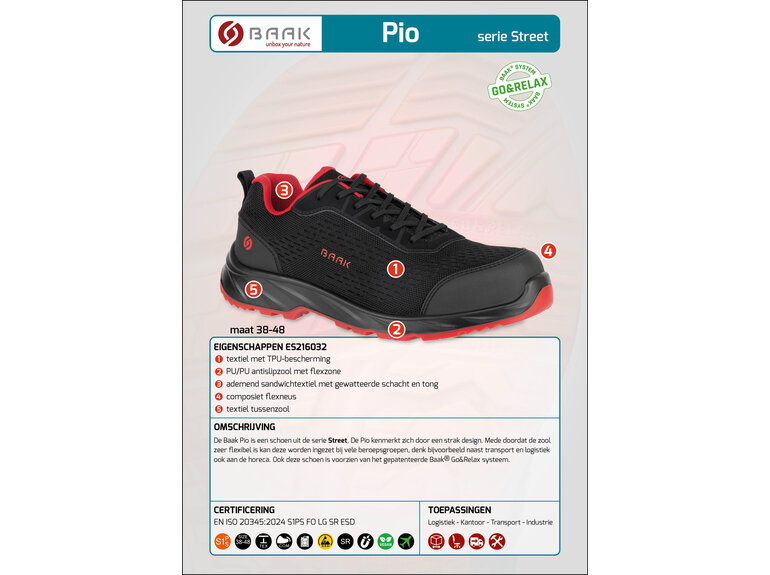 Baak Baak Pio S1PS zwart/rood (38 t/m 48)