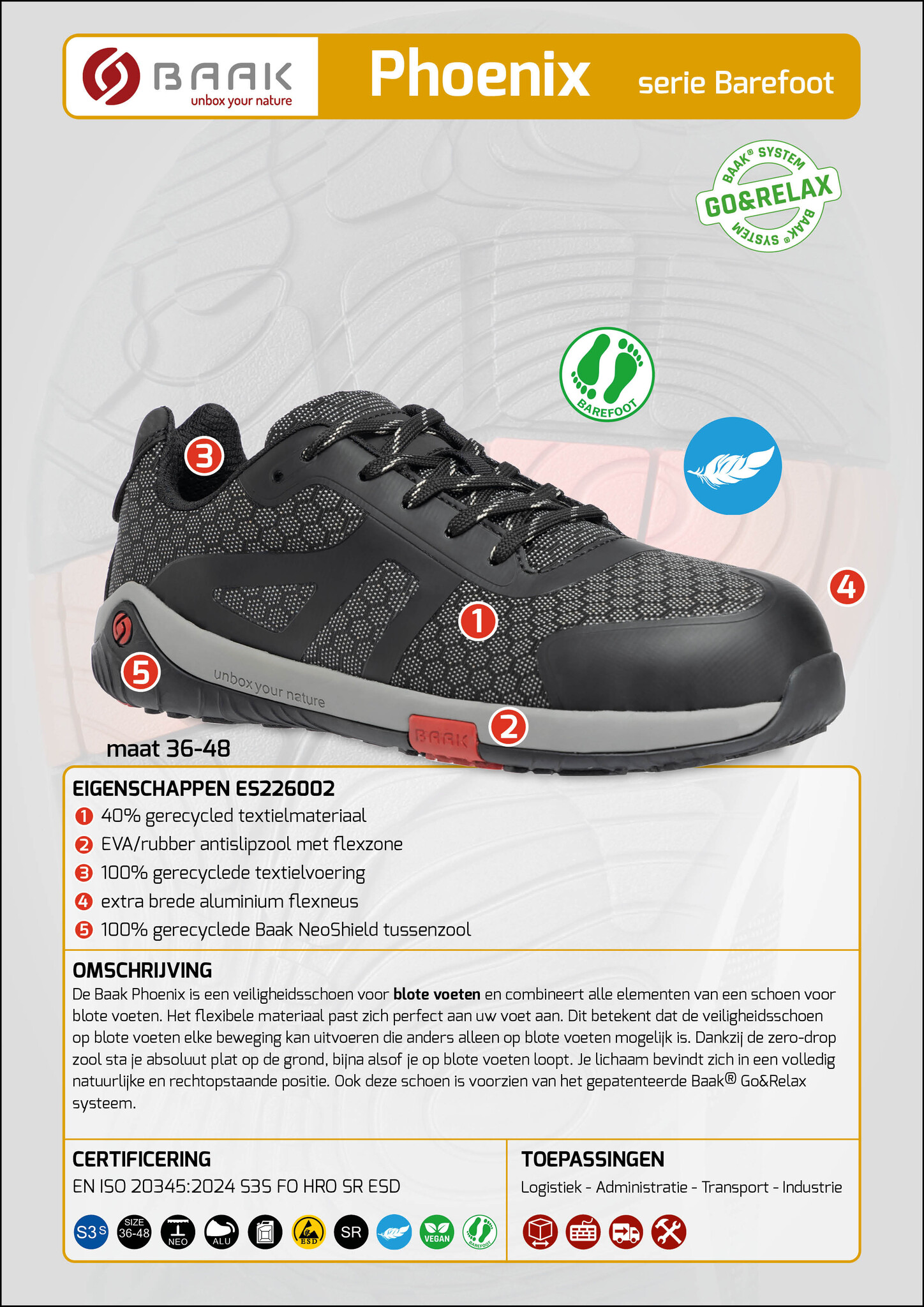 Baak Baak Phoenix Barefoot S3S zwart/grijs (36 t/m 48), foto 5 van 6