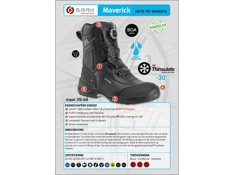 Baak Baak Maverick S3 zwart met BOA sluiting WATERRESISTENT THERMO (39 t/m 48)