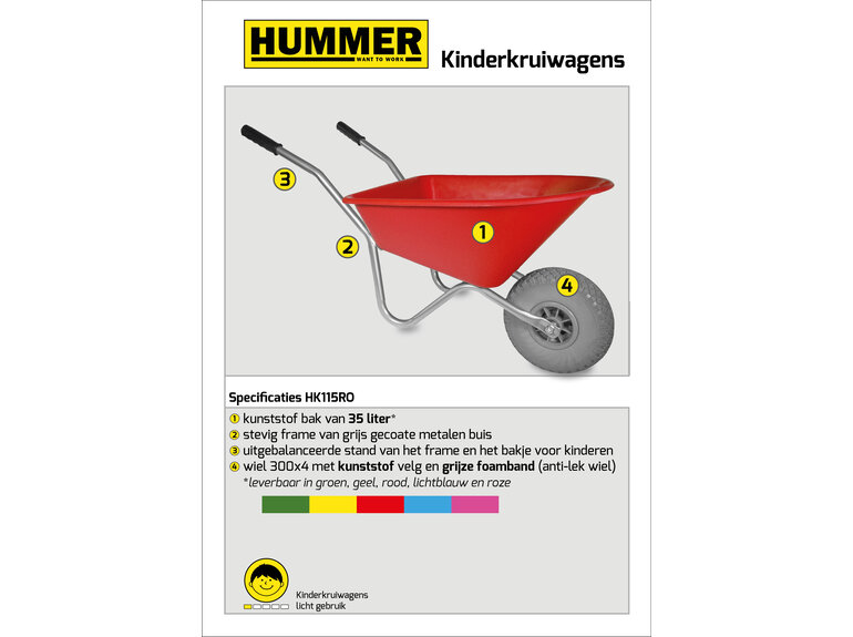 Hummer Kinderkruiwagen 35 L rood met softwiel