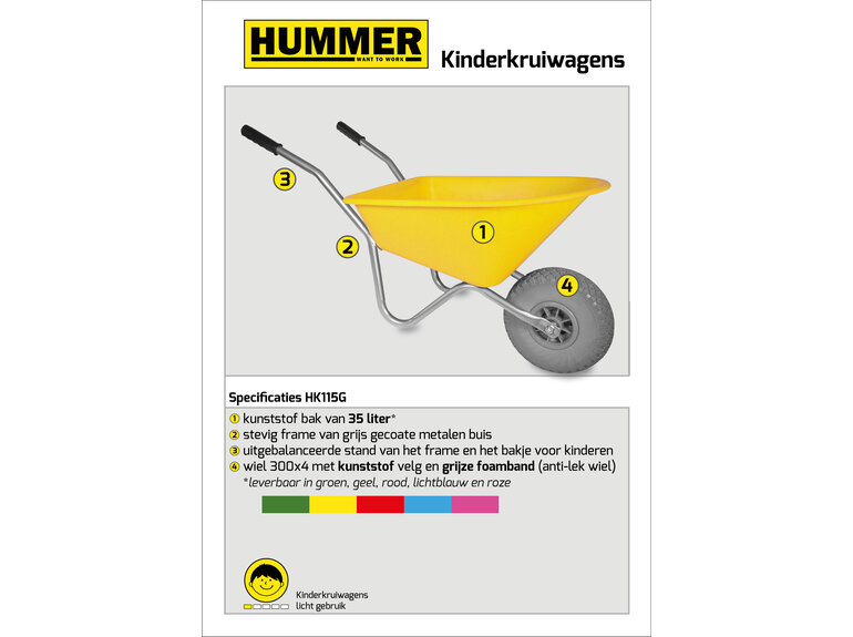 Hummer Kinderkruiwagen 35 L geel met softwiel