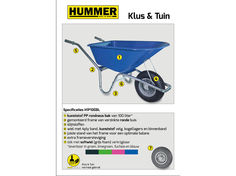 Hummer Klus/tuinkruiwagen verzinkt frame 100 L blauw met softwiel DOOSVERPAKKING