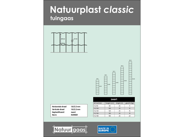 Natuurgaas Natuurplast classic zwart 80 t/m 180 cm