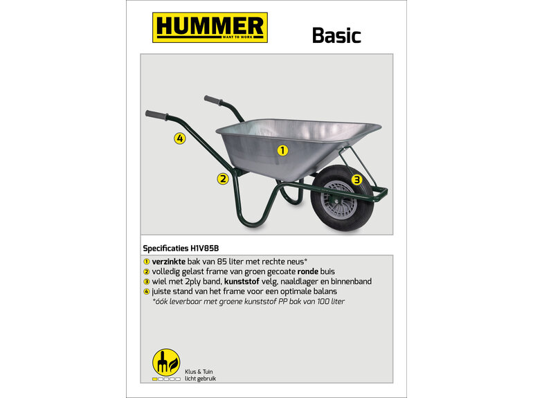 Hummer Klus/tuinkruiwagen Basic gecoat frame 85 L verzinkte bak ONGEMONTEERD