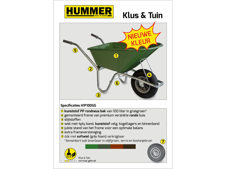 Klus/tuinkruiwagen verzinkt frame 100 L grasgroen met softwiel DOOSVERPAKKING Hummer Klus/tuinkruiwagen verzinkt frame 100 L grasgroen met softwiel DOOSVERPAKKING