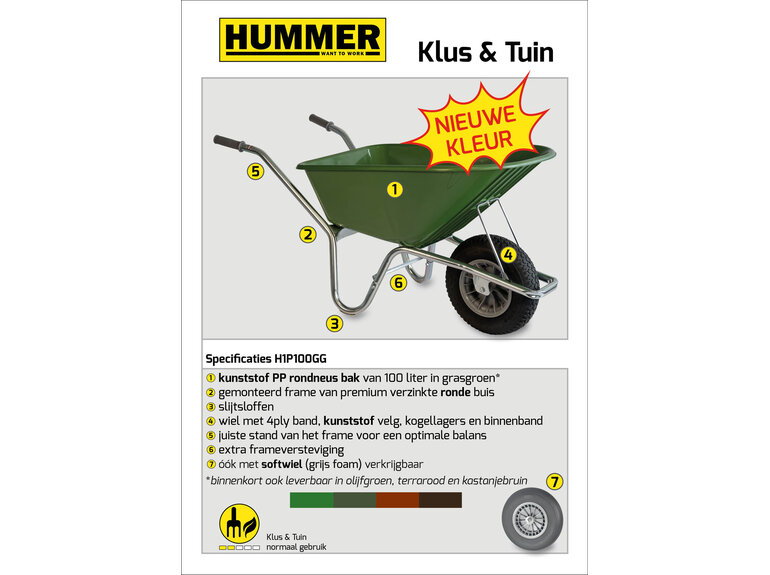 Klus/tuinkruiwagen verzinkt frame 100 L olijfgroen met softwiel Hummer Klus/tuinkruiwagen verzinkt frame 100 L olijfgroen met softwiel
