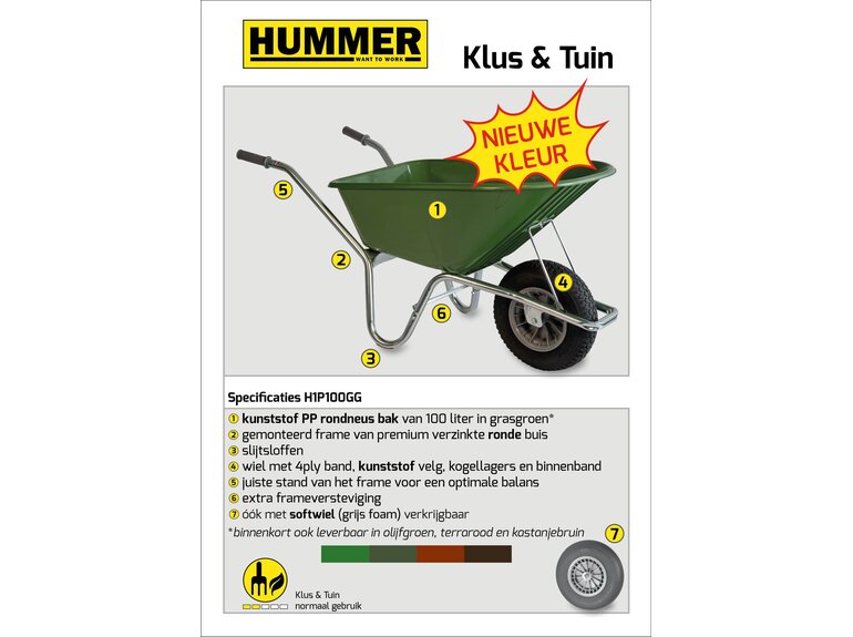 Klus/tuinkruiwagen verzinkt frame 100 L terrarood met softwiel Hummer Klus/tuinkruiwagen verzinkt frame 100 L terrarood met softwiel