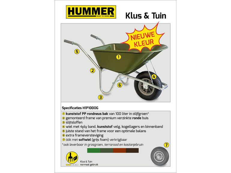 Klus/tuinkruiwagen verzinkt frame 100 L olijfgroen met softwiel DOOSVERPAKKING Hummer Klus/tuinkruiwagen verzinkt frame 100 L olijfgroen met softwiel DOOSVERPAKKING