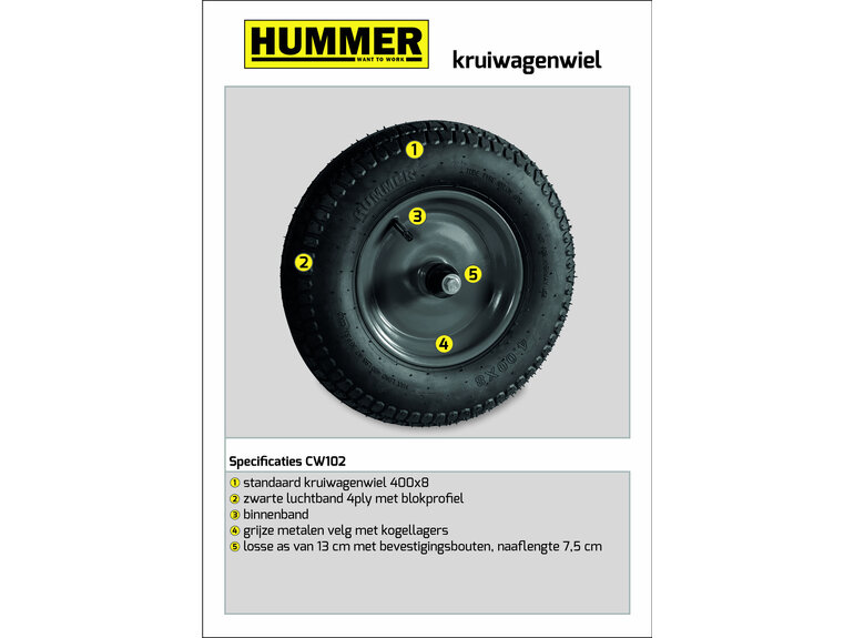 Kruiwagenwiel met luchtband en metalen velg (aslengte 13 cm) KOGELLAGERS Hummer Kruiwagenwiel met luchtband en metalen velg (aslengte 13 cm) KOGELLAGERS
