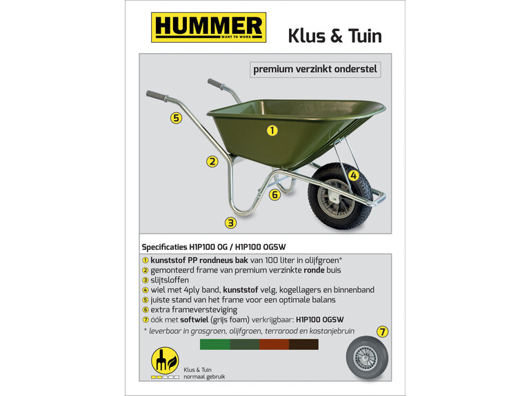Klus/tuinkruiwagen verzinkt frame 100 L olijfgroen met softwiel DOOSVERPAKKING Hummer Klus/tuinkruiwagen verzinkt frame 100 L olijfgroen met softwiel DOOSVERPAKKING