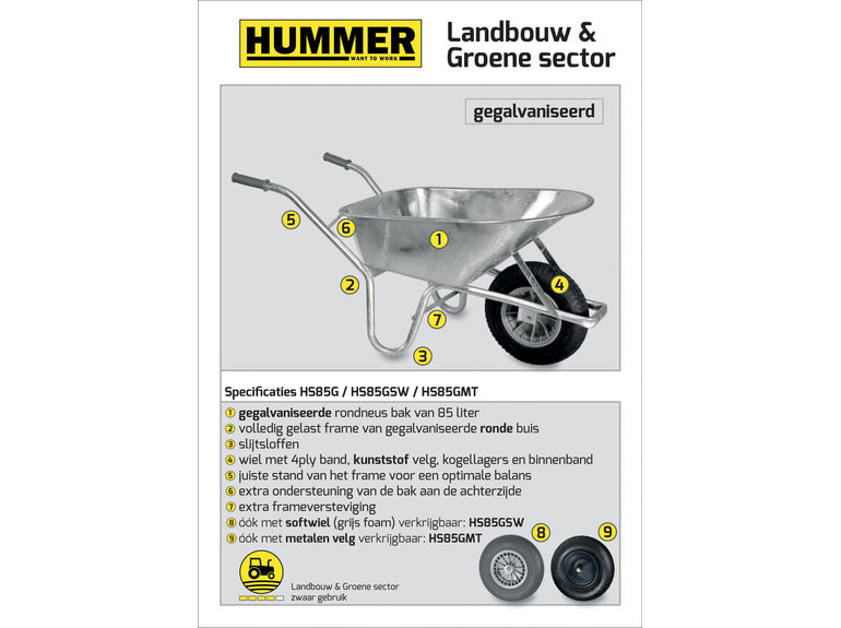 Kruiwagen gegalvaniseerd 85 L met softwiel Hummer Kruiwagen gegalvaniseerd 85 L met softwiel