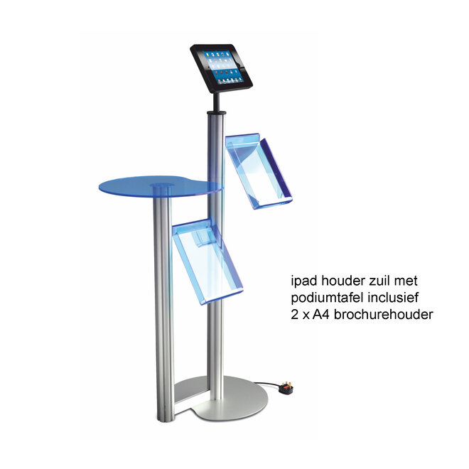 ipad houder zuil met podiumtafel + 2 x A4 brochurehouder