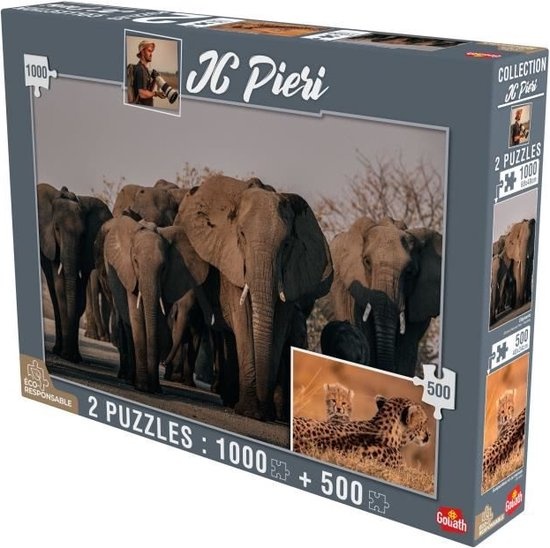 JC Pieri Collection Puzzel - Olifanten (Namibië) en welpen (Tanzania) 1000 en 500 stukjes