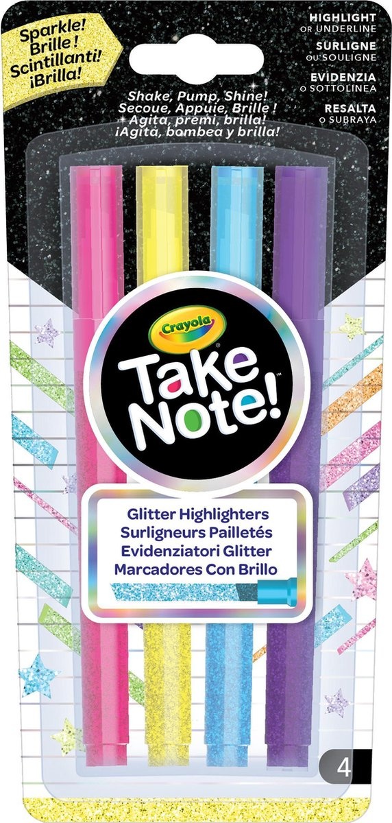 Crayola Take Note - 4 Glitter Markeerstiften - Beitelpunt - Heldere kleuren