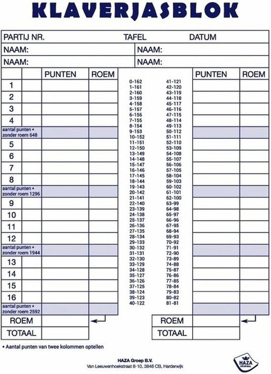 Klaverjasblok 14.8x21cm 50 Vel