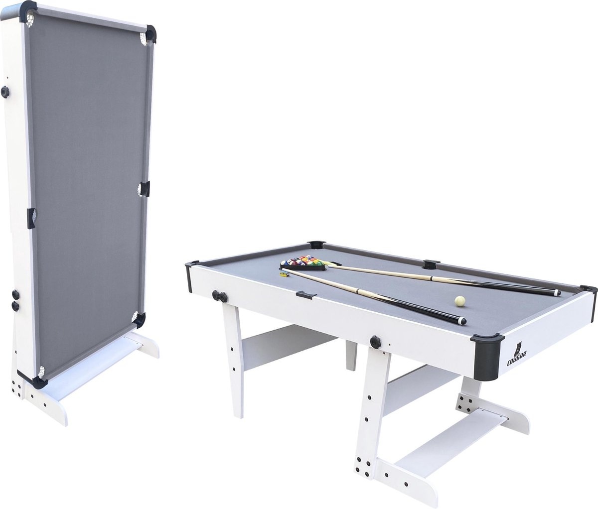 Cougar Hustle XL opklapbare Pooltafel Wit/Grijs - 6ft. Pooltafel voor thuis - Poolbiljart tafel inclusief één set poolballen, triangel, 2 keuen, biljartkrijt en een borstel - 183x91x79cm - SHOWMODEL ALLEEN AFHALEN