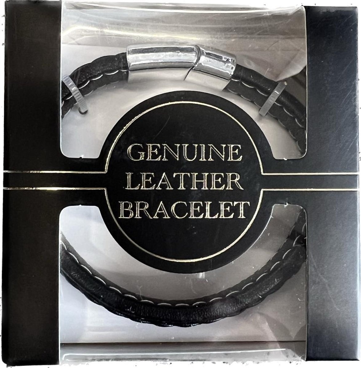 Heren Armband met Leerlook - Lengte 21,5 cm - Zwart