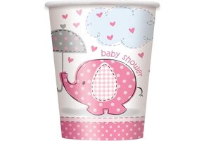 "Olifant" kartonnen bekertjes roze voor Baby Shower 8 stuks