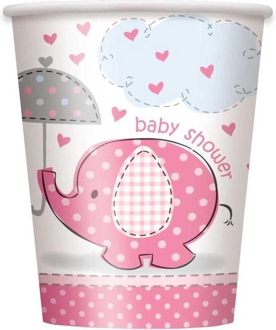 "Olifant" kartonnen bekertjes roze voor Baby Shower 8 stuks