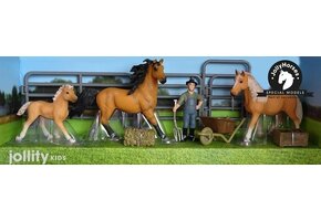 JollyHorses: Quarter Horse Bay + Palomino paard + veulen + hek + boer + accessoires (handgeschilderd)