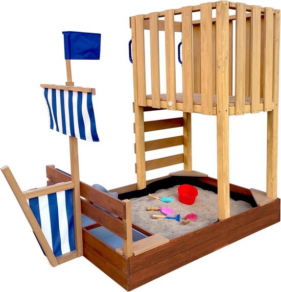 AXI Vicky Speeltoren Vikingboot Bruin met Zandbak en Speelkeuken – Met Krijtbord – FSC hout – Met vlag en zeilen – Speeltoestel voor kinderen