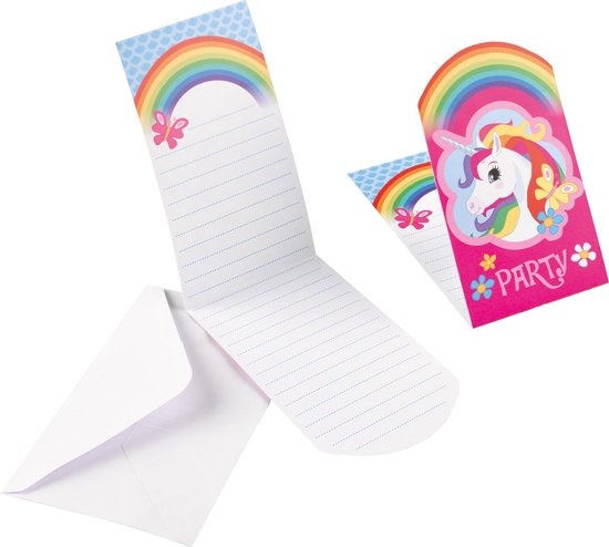 AMSCAN - 8 regenboog eenhoorn uitnodigingen en enveloppen - Decoratie > Kaarten