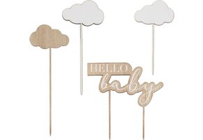 Houten Taart toppers Hello Baby en wolken