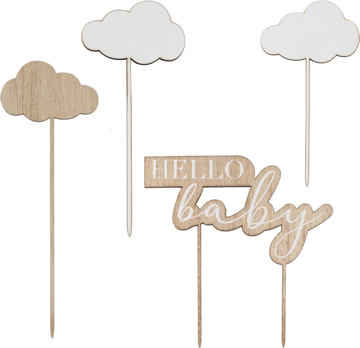 Houten Taart toppers Hello Baby en wolken