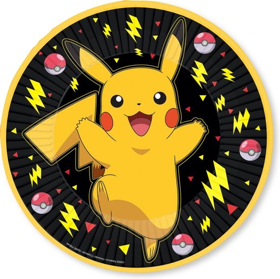 Amscan Pokemon themafeest gebaksbordjes - 8x - zwart/geel - karton - D23 cm