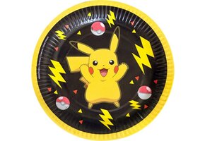 Amscan Pokemon themafeest gebaksbordjes - 8x - zwart/geel - karton - D18 cm