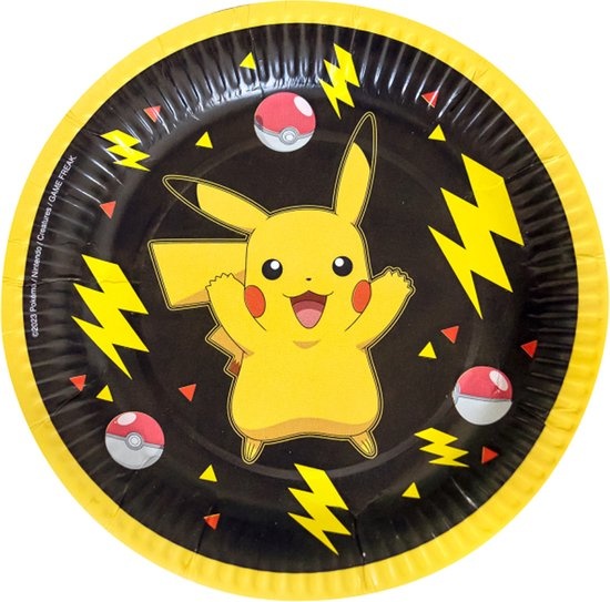 Amscan Pokemon themafeest gebaksbordjes - 8x - zwart/geel - karton - D18 cm