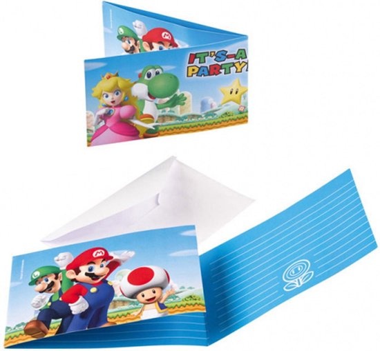Super Mario uitnodigingen - 8x stuks - inclusief enveloppen - kinderfeestje kaarten - kinderpartijtje - verjaardag