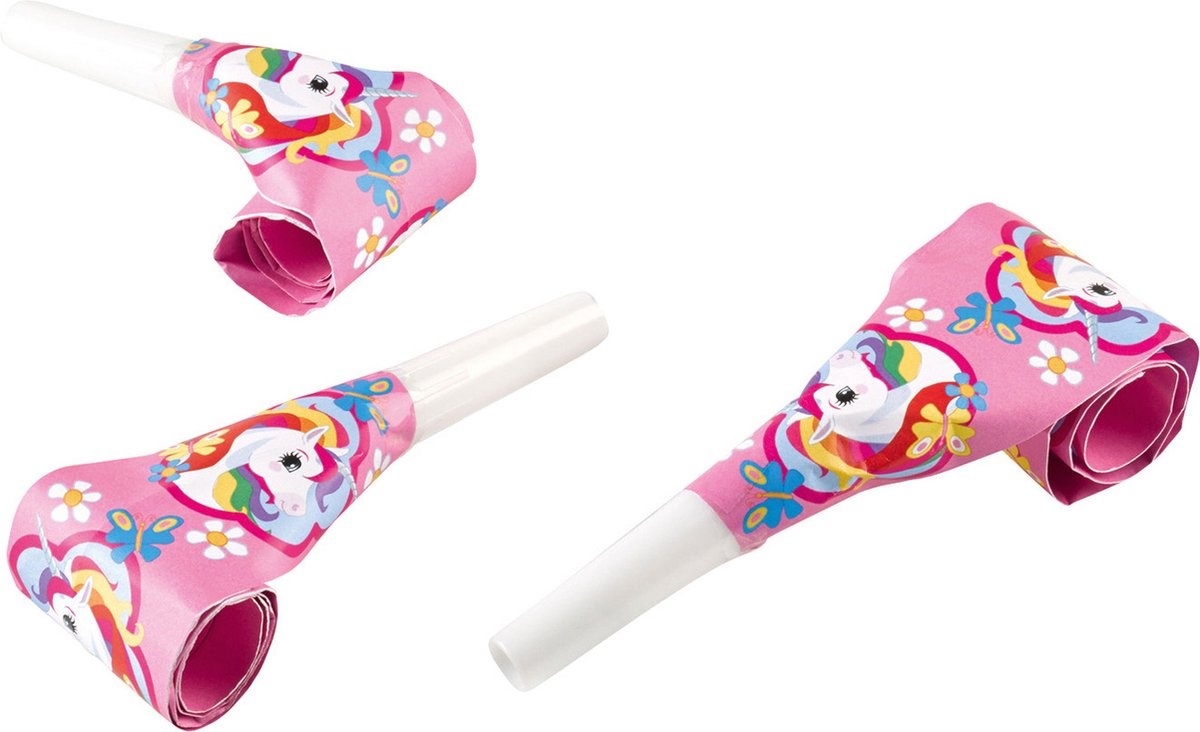 Eenhoorn party thema roltongen/toeters 8x stuks - Feestartikelen/versiering