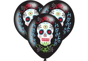 6x Zwarte horror ballonnen Day of the dead sugarskull print 27,5 cm - Halloween ballon decoratie en versiering